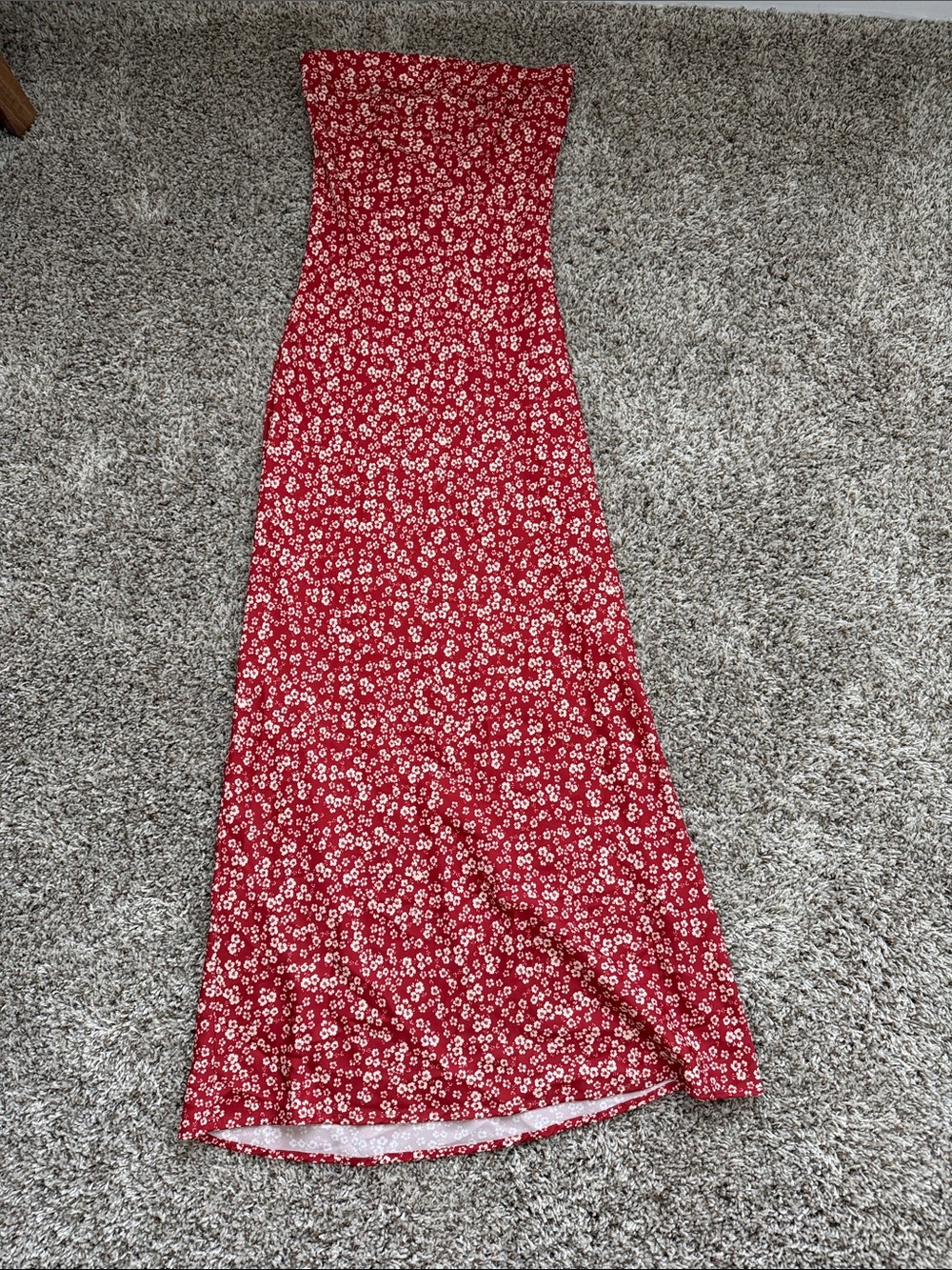 Red Floral Strapless Maxi Dress